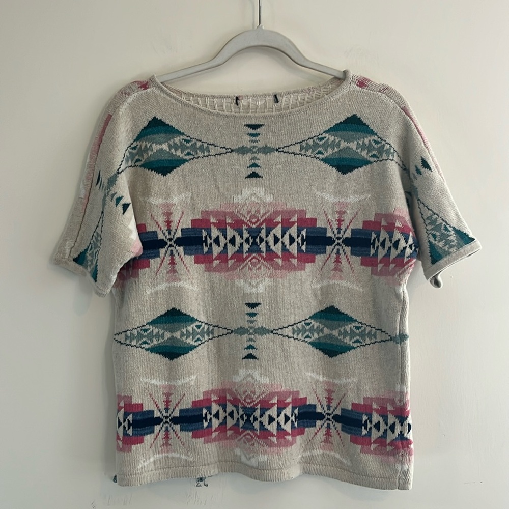 Chaps Cotton Linen Sweater Tee Aztec Southwest Boho Tribal Spring Casual Tan